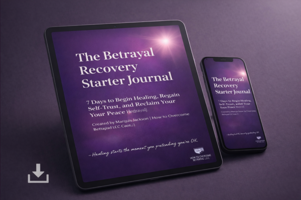 Tablet and phone displaying the Betrayal Recovery Starter Journal, a free downloadable healing resource from How to Overcome Betrayal LLC