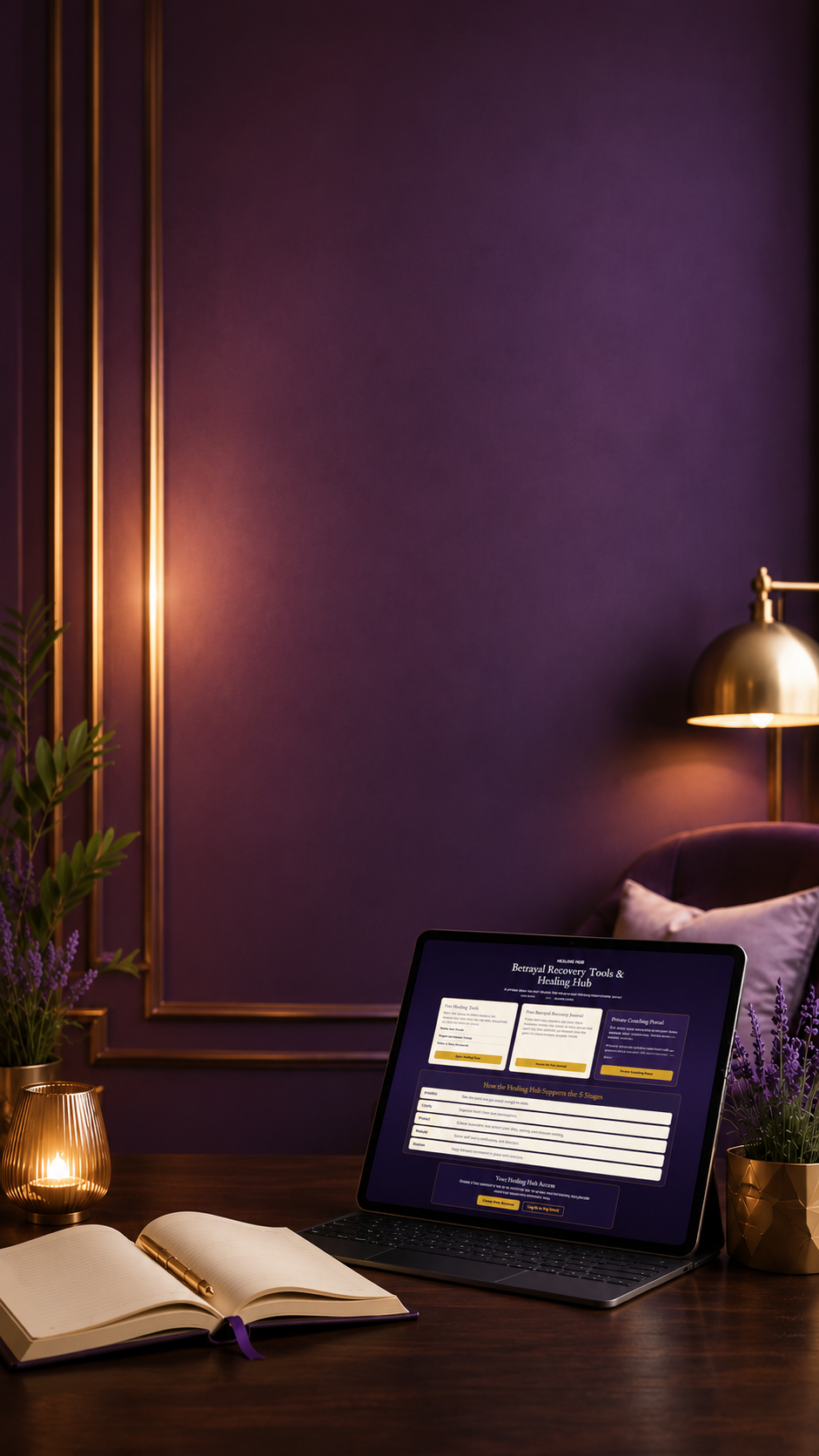 Purple Healing Hub workspace with journal, digital tools, and warm gold lighting for betrayal recovery support.