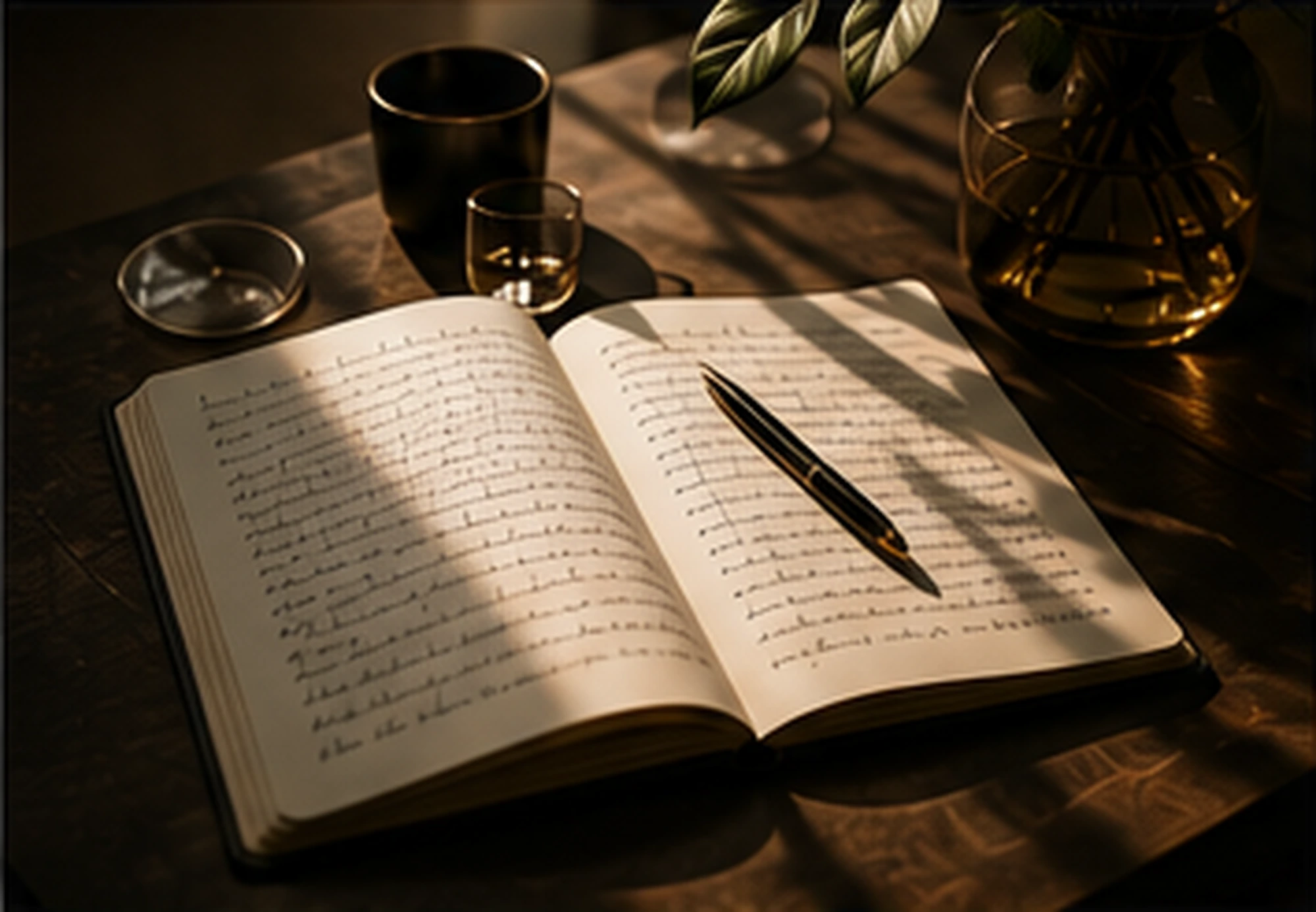 Open journal and pen on a softly lit table
