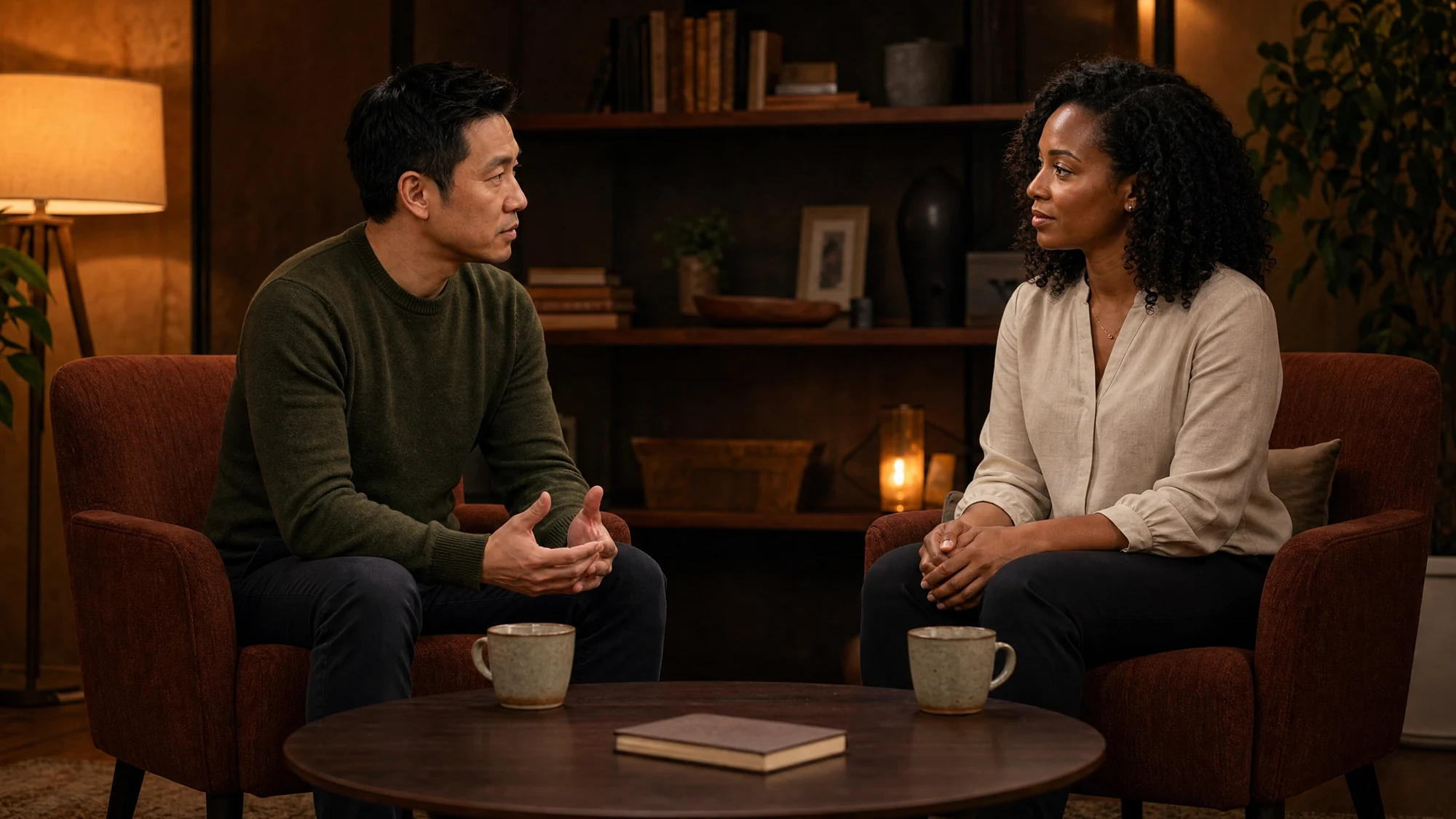 Two adults having a focused conversation