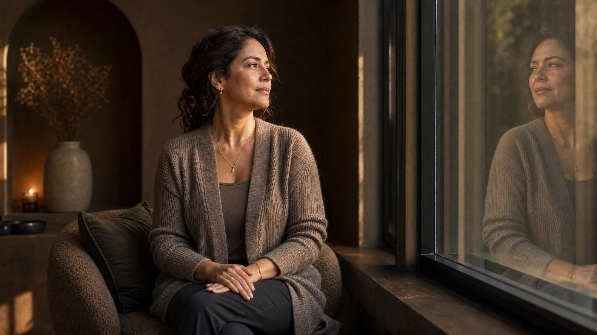 Woman reflecting quietly beside a window