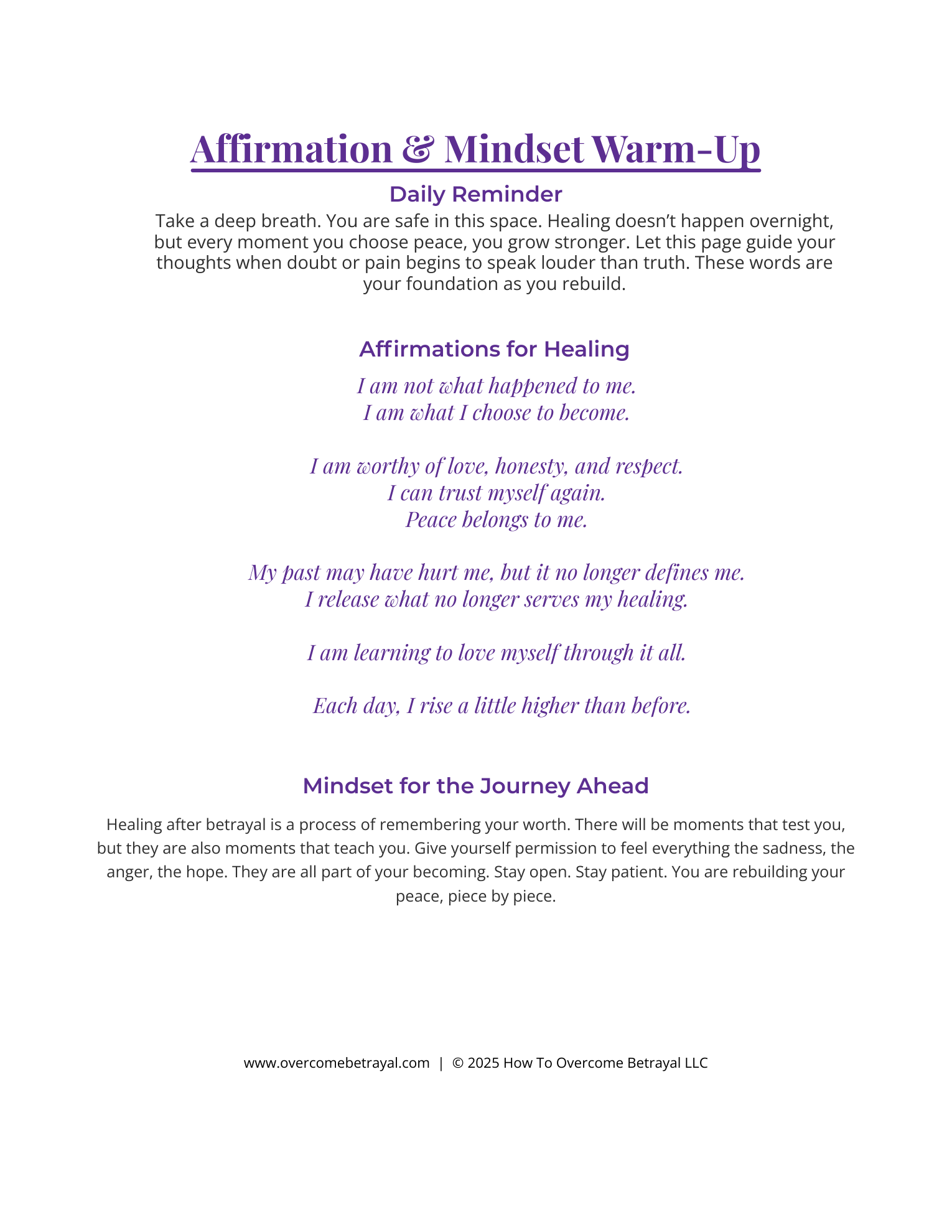 Affirmation and Mindset Warm-Up page from the Betrayal Recovery Starter Journal