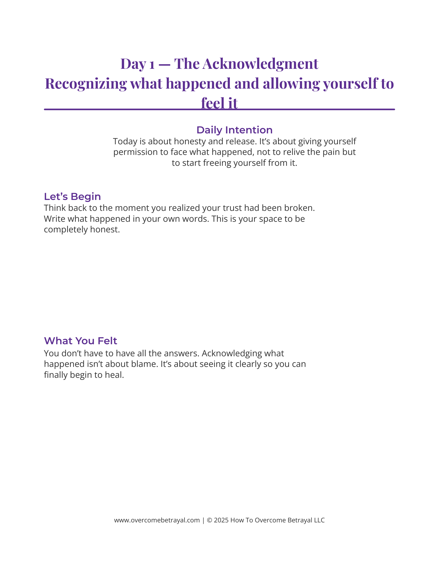 Day 1 The Acknowledgment page from the Betrayal Recovery Starter Journal